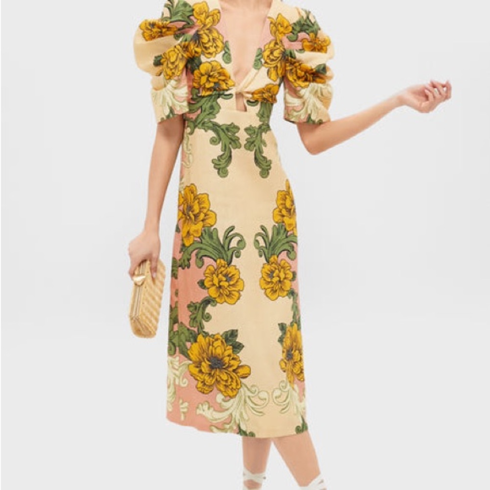Farm Rio Floral Arabesque Linen Midi-Dress